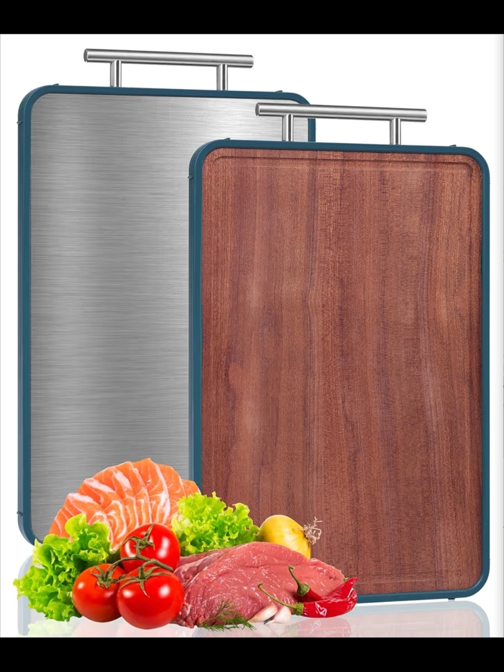 Reversible Stainless Steel and Wood-Look Cutting Board with Teal Trim